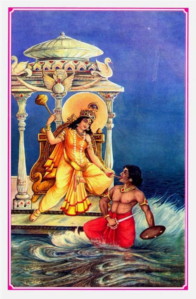 Bagalamukhi es interpretada en ocasiones como una exhibición de stambhana (el poder de aturdir o paralizar un enemigo para silenciarlo).