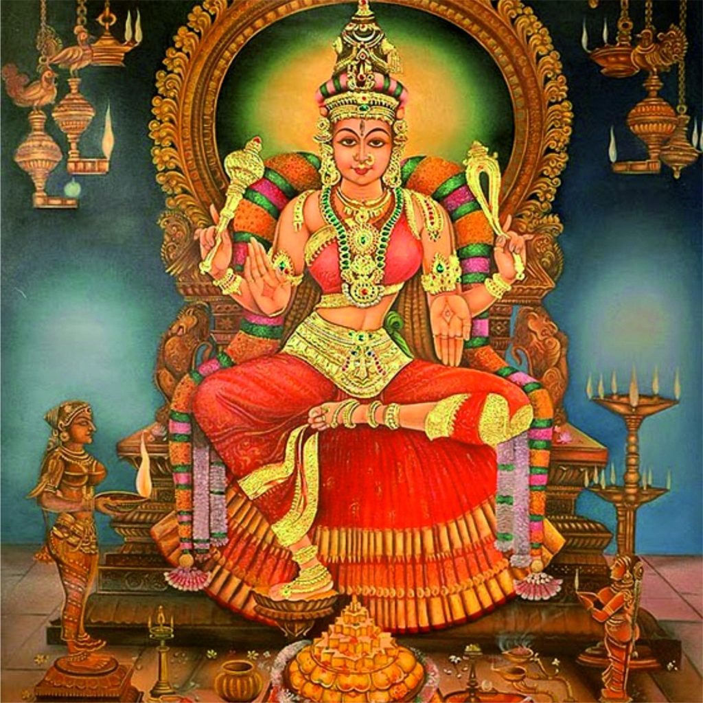 Bhuvaneshwari sentada en el trono celestial.