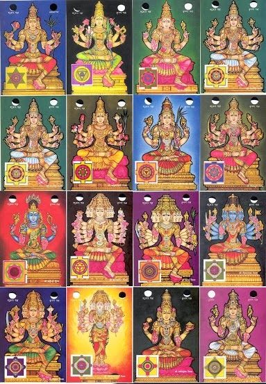 Representación de las 15 Nityas más Tripurasundari o Lalita (Luna llena)