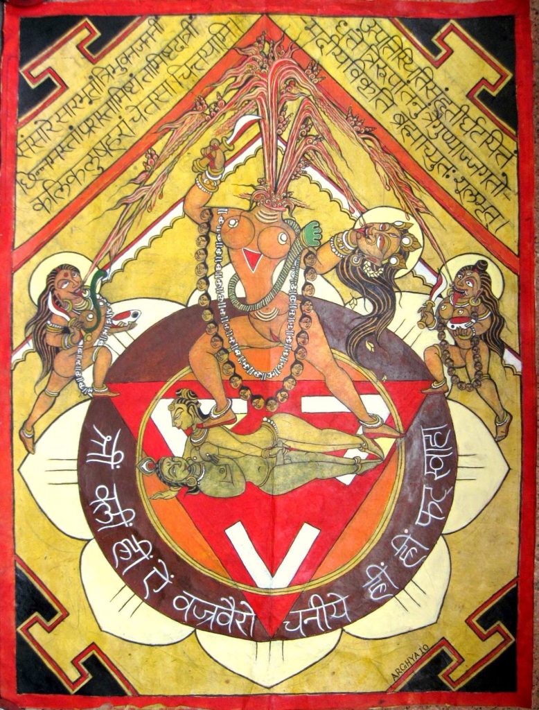 Representación de Chinnamasta con Shiva a sus pies.