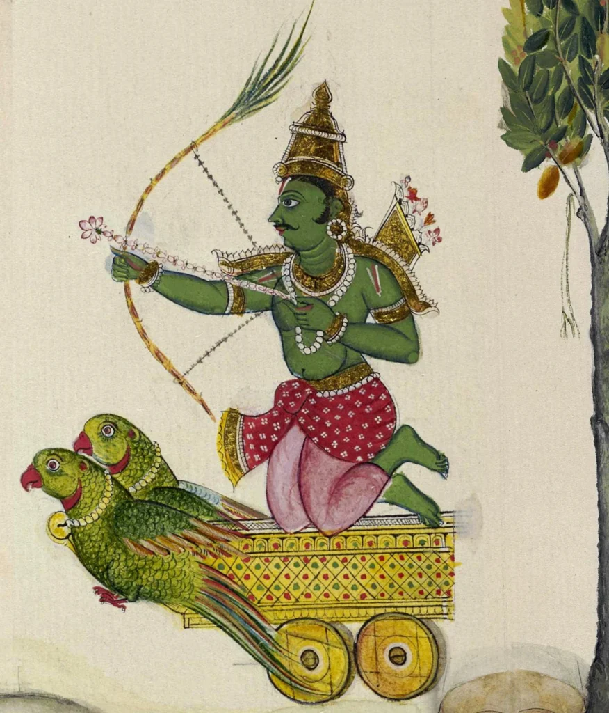 Kama por petición de Parvati le lanzó al dios Shiva una de sus flechas durante su meditación.