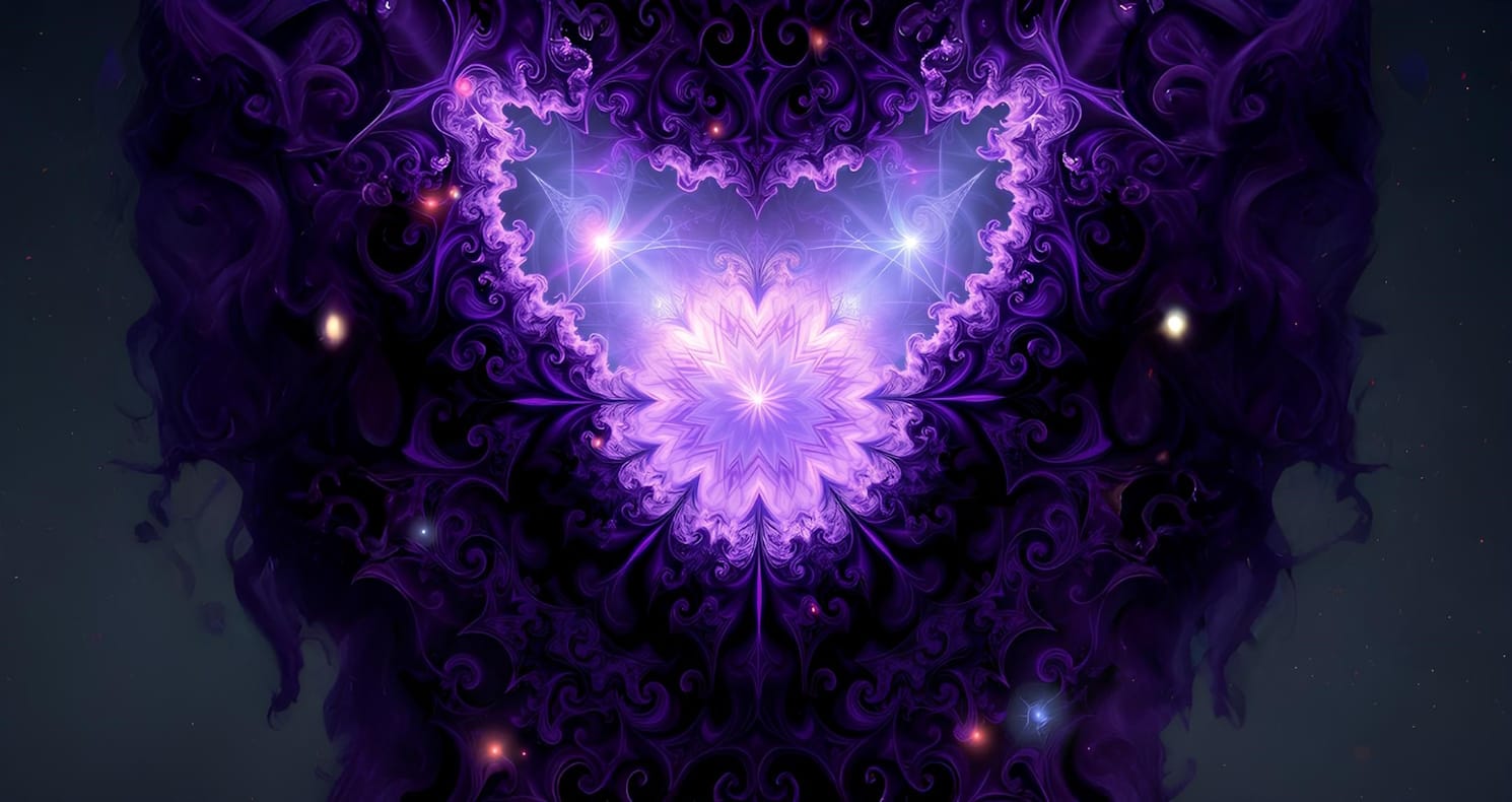 Corazón mágico en tonos lila sobre un fondo fractal, inspirando paz y meditación. Notas envolventes de incienso, orquídea y vainilla negra. Ofrecida por Tantrapress