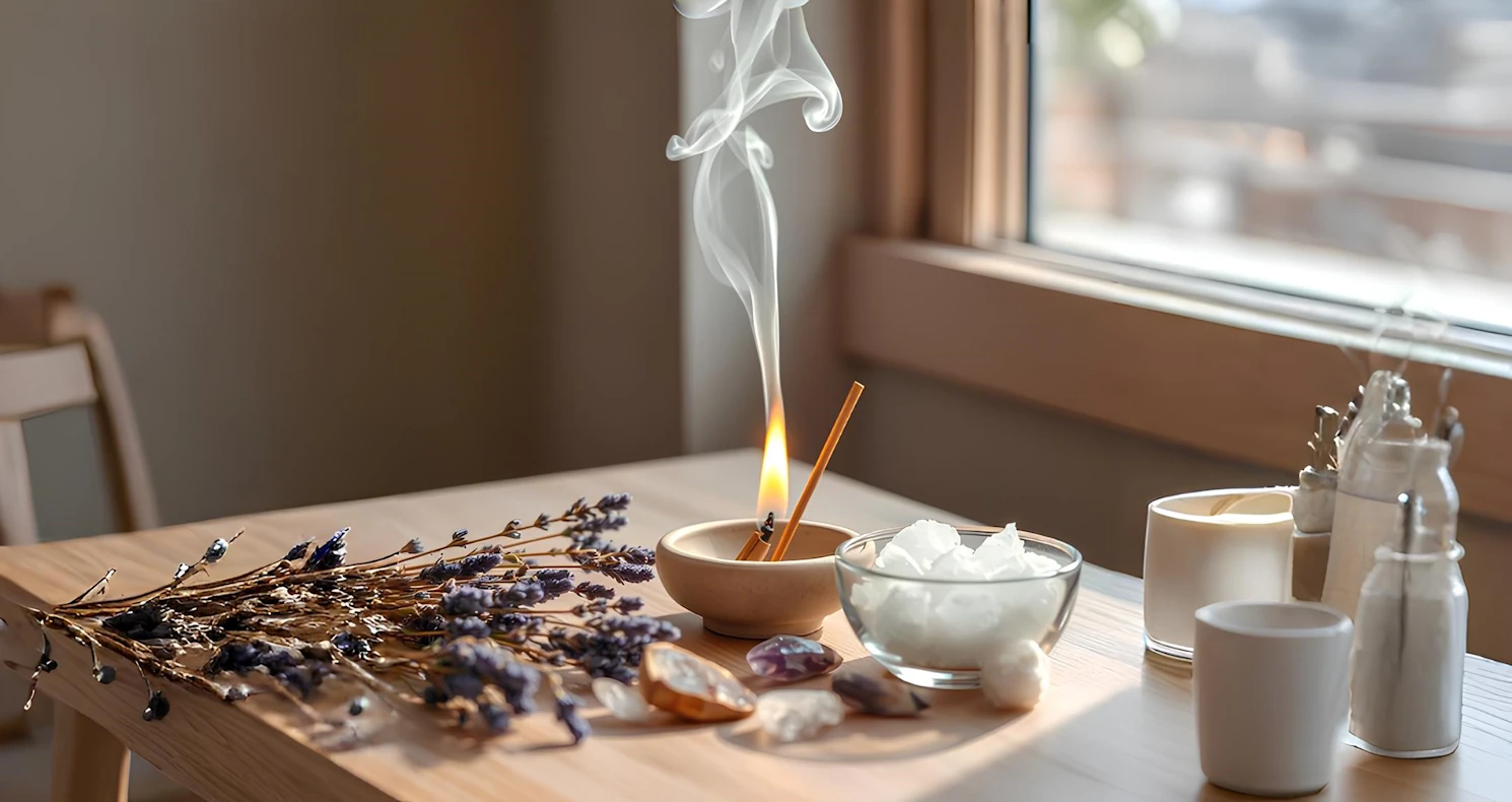 Una mesa minimalista con elementos de bienestar y meditación, incluyendo incienso encendido, flores secas de lavanda, cristales decorativos y recipientes blancos. La luz natural ilumina el espacio, creando una atmósfera relajante y pacífica ideal para la introspección y el autocuidado. -Ofrecido por TantraPress
