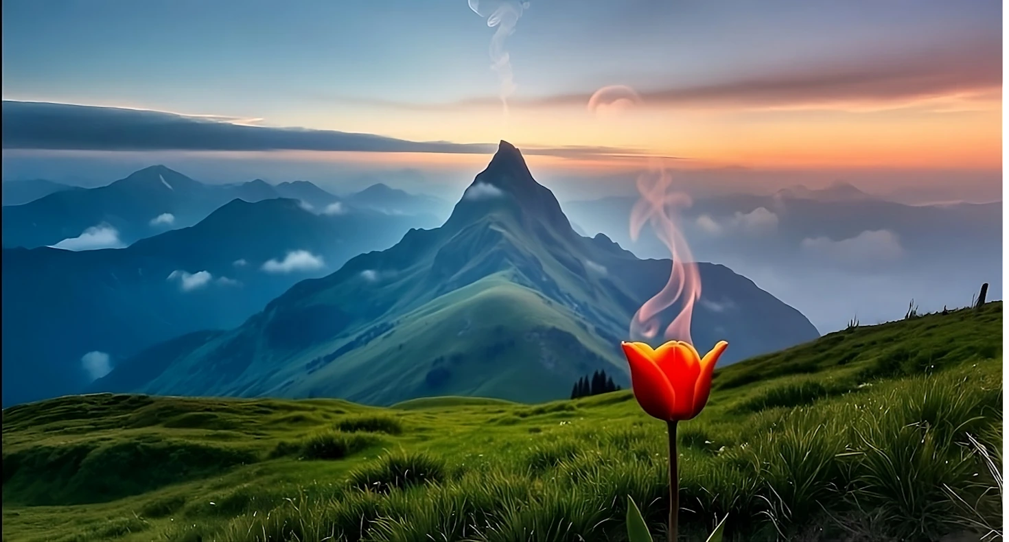 Paisaje alpino con montañas al fondo, un tulipán en primer plano rodeado de un prado en flor, evocando frescura natural e inspirado en la fragancia del incienso Ullas Alps Primavera – Imagen ofrecida por TantraPressevento meditacion gratis