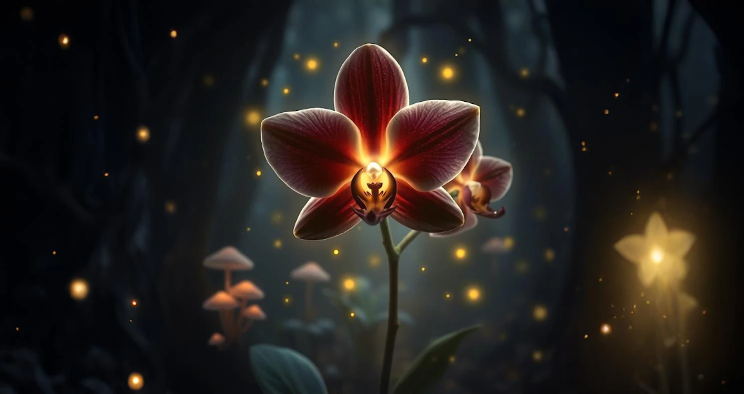 Una orquidia florecido rodeado por el suave humo del incienso Alps Ulla, en un bosque magicocreando una atmósfera pacífica y serena.  Ofrecido por Tantrapress