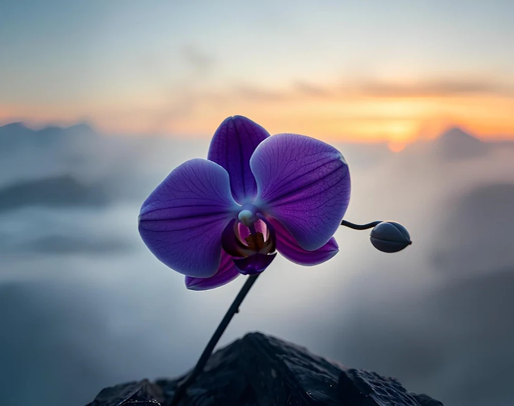 Una orquidian florecido rodeado bosque magico arriba de una montaña