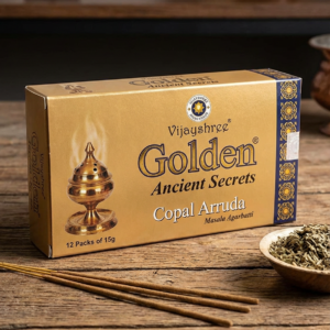 Incienso Copal Arruda Golden Ancient Secrets de Vijayshree Agarbati Masala en caja de 12 uds de 15g