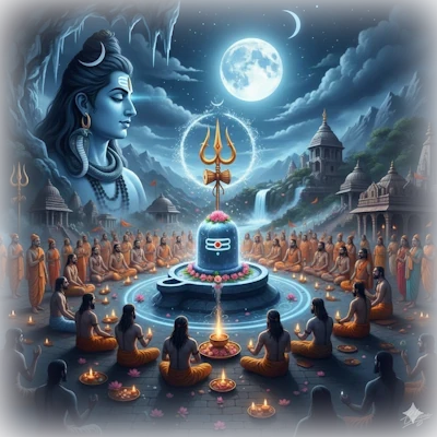 Ilustración festiva de Maha Shivaratri con el Señor Shiva sentado en meditación frente a una multitud de devotos con lámparas y hogueras sagradas.