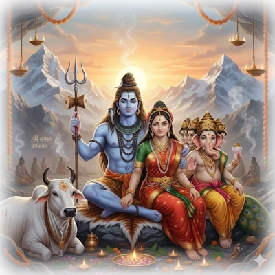 Representación de la familia de Shiva en el monte Kailash: Shiva, Parvati y Ganesha junto al toro Nandi, en una atmósfera de paz y bendición por Maha Shivaratri.
