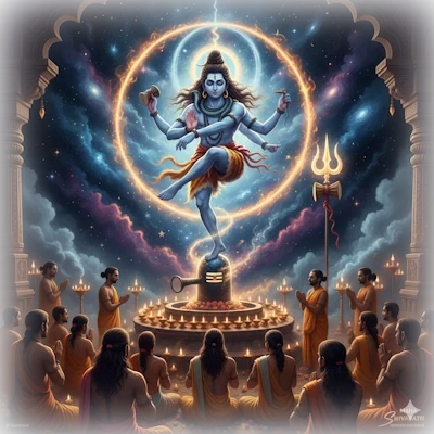 Representación mística de Shiva Nataraja realizando la danza cósmica dentro de un círculo de fuego, mientras devotos observan en oración durante el Maha Shivaratri.