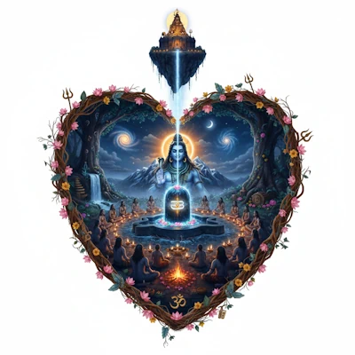 Ilustración artística de Maha Shivaratri enmarcada en un corazón de flores y ramas, mostrando a Shiva sobre las montañas y devotos meditando frente a un Shiva Lingam sagrado.