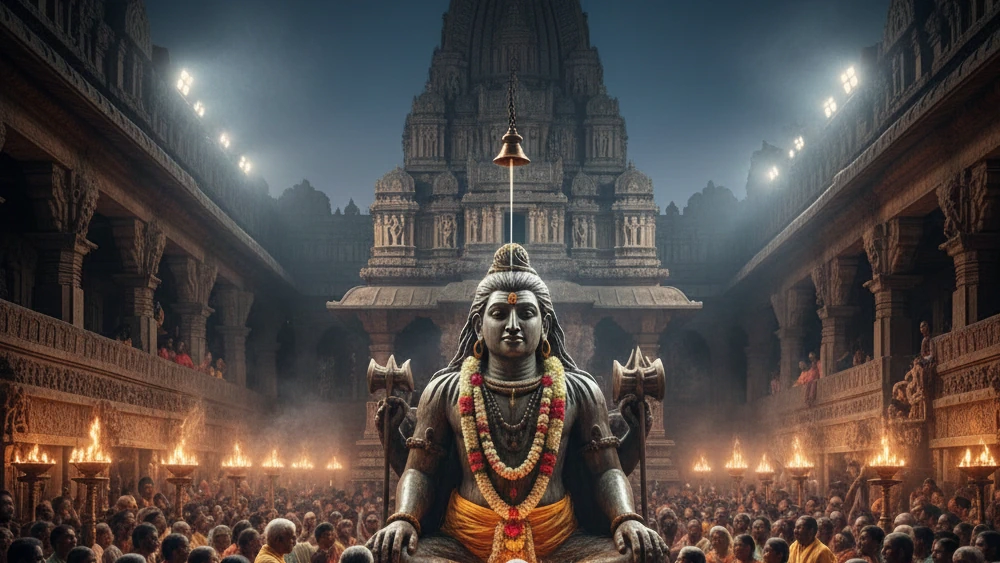 estructura del maha shivaratri en un monasterio Una gran estatua de Lord Shiva en meditación rodeada de devotos orando en un templo iluminado durante la celebración nocturna del Maha Shivaratri.