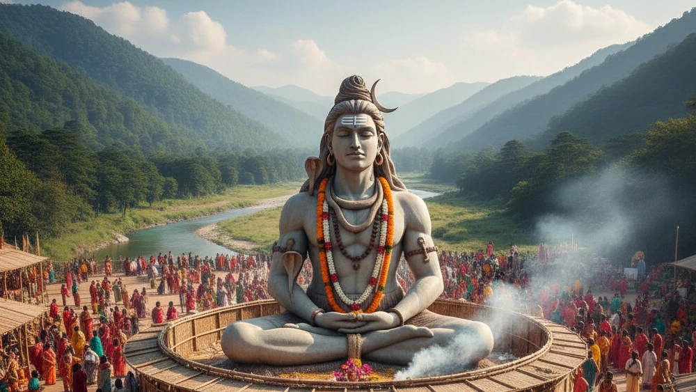 Gran estatua de Lord Shiva en meditación sobre una plataforma de madera, rodeada de una multitud en un valle montañoso junto a un río.