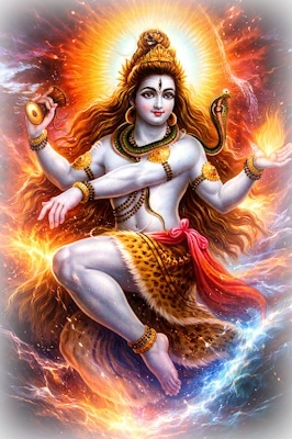 Representación de Lord Shiva con la cobra sagrada al cuello y el tridente (Trishula) sobre un fondo de montañas iluminadas por el atardecer.