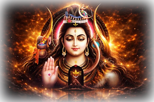 Representación celestial de Lord Shiva con un aura dorada resplandeciente, una luna creciente en el cabello y un Shiva Lingam sagrado en primer plano.