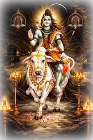 Primer plano de Lord Shiva con la cobra al cuello, el tridente sagrado y el toro Nandi frente a las montañas del Himalaya.