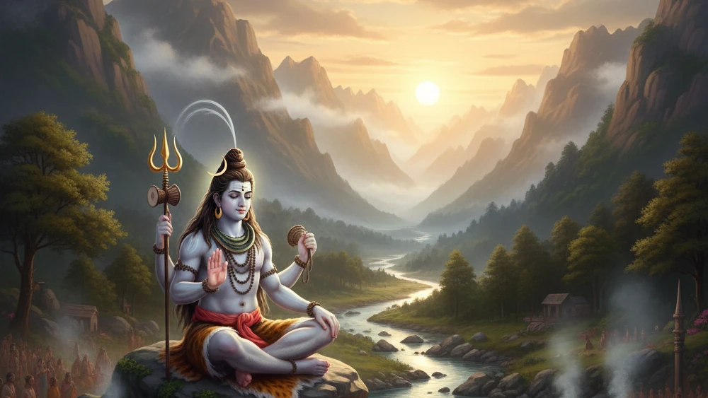 Ilustración artística del dios hindú Shiva meditando en posición de loto sobre una roca, situado en un valle sereno con un río, montañas al fondo y el sol naciente.